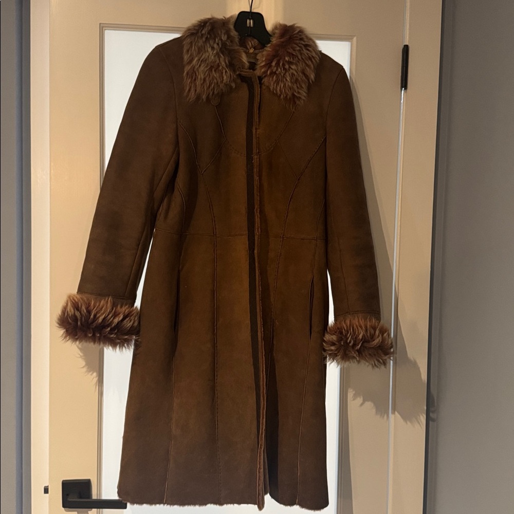 Elie Tahari Brown lamb Shearling  Suede Coat with Fur Collar Size S/P